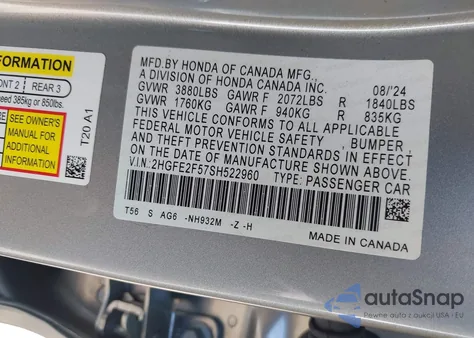 2025 Honda Civic Sport z USA, uszkodzony, nr VIN 2HGFE2F57SH522960